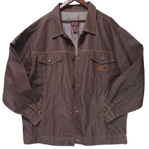 Varcity By No Joke Mens XL Coated Denim Jacket Streetwear Hip Hop Y2K Brown